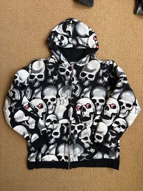 Vintage Famous Stars & Straps Skull AOP Zip Hoodie Small Y2K - RARE